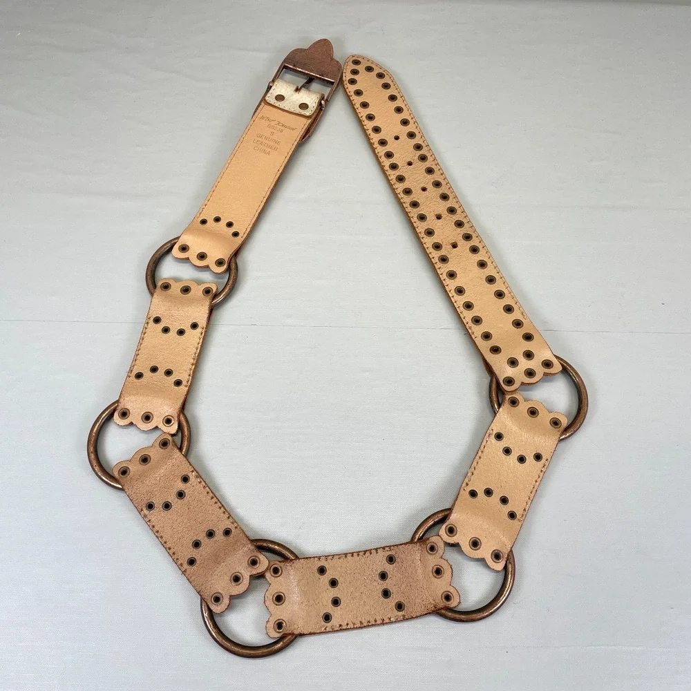 Betsey Johnson Womens Size S Beige Leather Brass Studded Ringed Rustic Belt